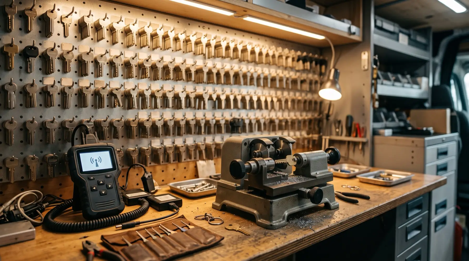 Key blanks and key-cutting equipment inside the Marco Island Locksmith work van